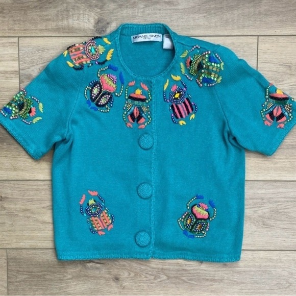 Vintage Michael Simon Scarab Beetle Sweater Unique Insect Beaded‎ Twee - Picture 2 of 14